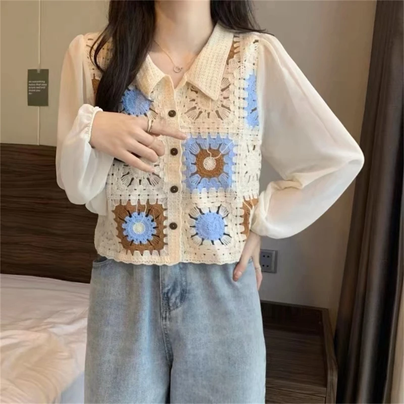 

Chiffon Puff Long Sleeve Loose Blouses Women Crochet Embroidery Geometric Lapel Button Crop Cardigan Spring Summer Casual Shirt