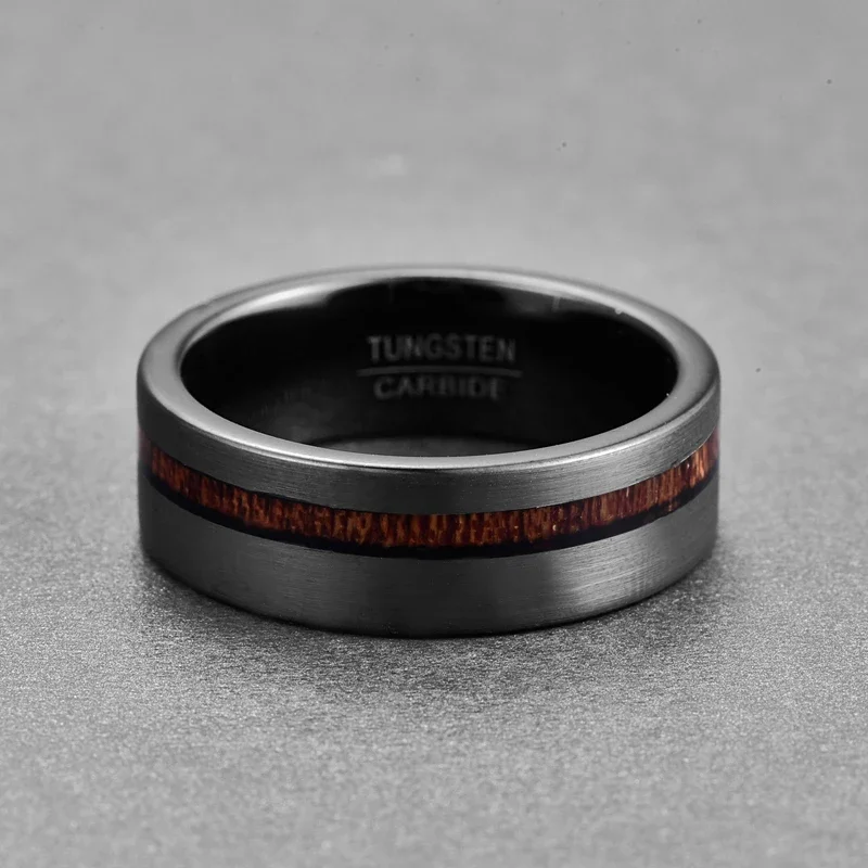 Nuncad 8MM Electroplated Black Matte Surface Acacia Tungsten Carbide Ring Cool Punk Men's Party Jewelry Wedding Wood Rings T163R 4