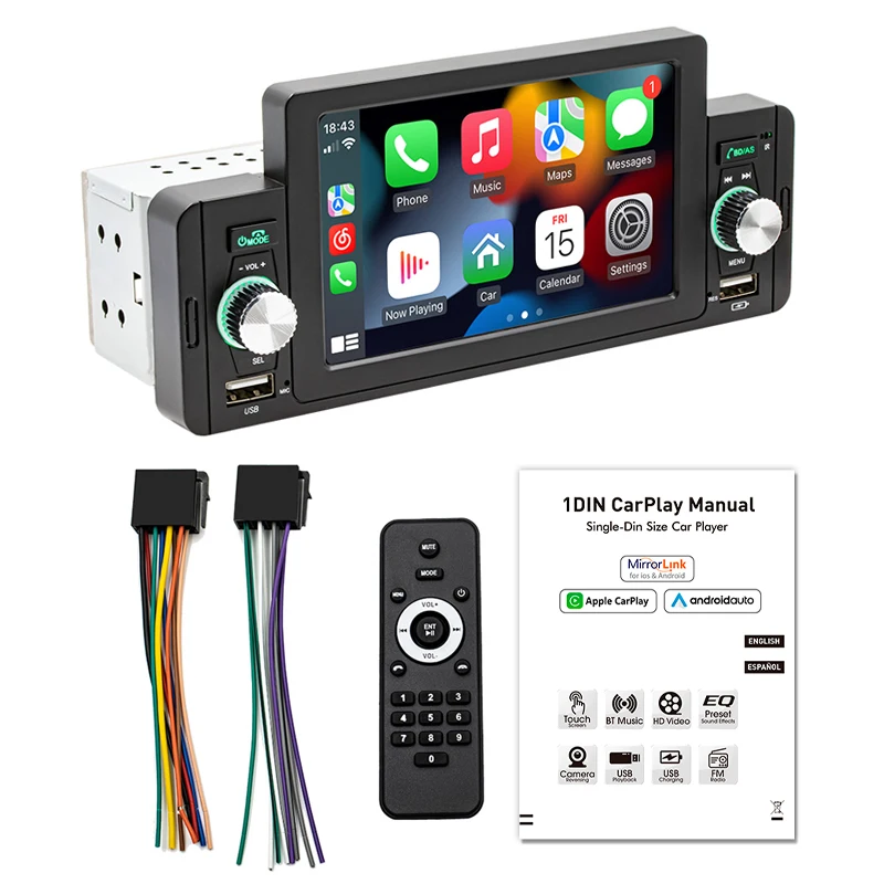 1 Din 5" Car Radio Apple CarPlay Android Auto, Hands-Free Bluetooth 5.1, Reversing Camera Input USB/FM/MP5 Player Headunit F160C — view 6