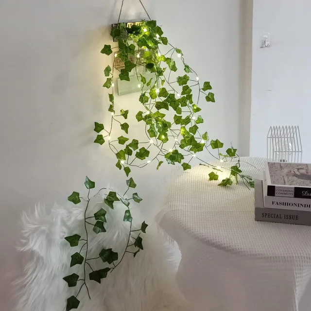 Guirlande lumineuse LED de 2 mètres, vigne verte artificielle, maison, noël, mariage, jardin de mariée, plantes vertes suspendues, décoration de fête DIY 3