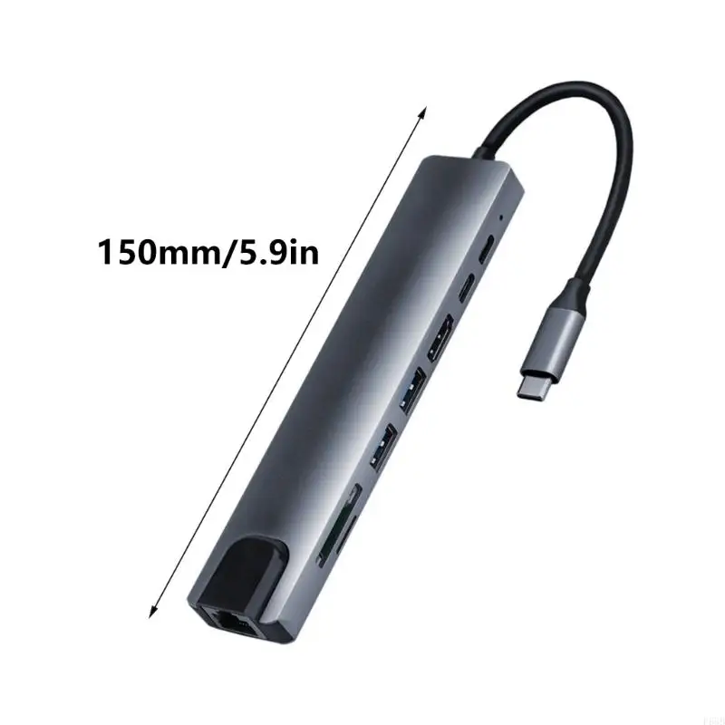 F68B 8 in 1 Dongle Docking Station Type-C Hub Converter Multiport Adapter with Gigabit Ethernet Card Reader Portable