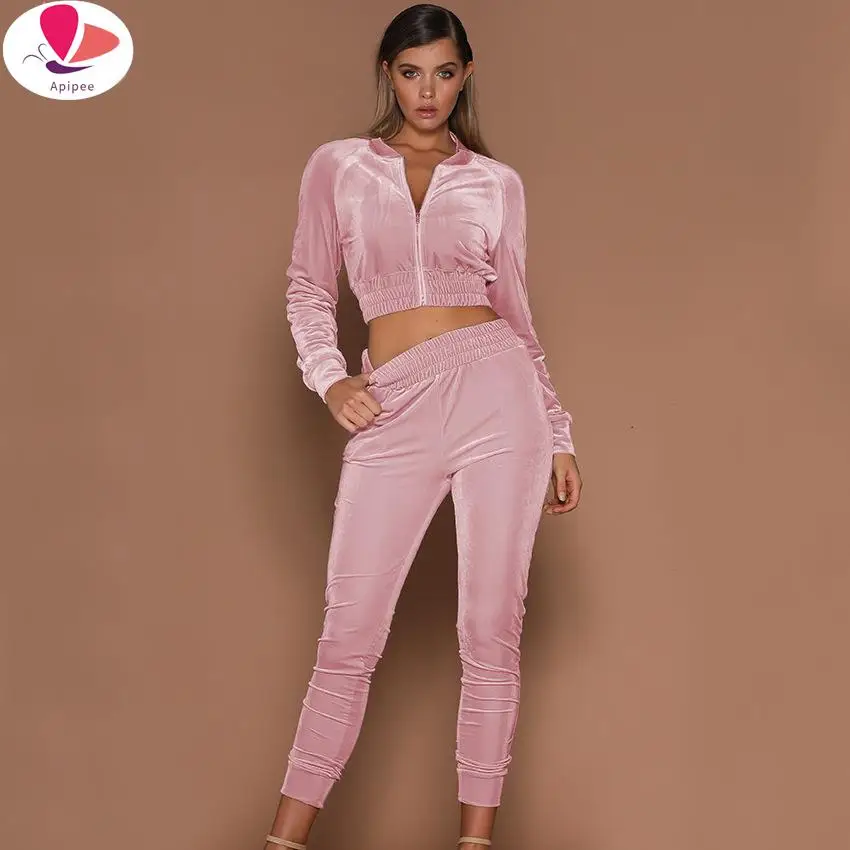 

Velvet Tracksuit 2 Two Piece Set Women Zipper Hoodies Crop Top + Wide Leg Pants Sweatsuits Jogging Femme Velour Mujer 2024