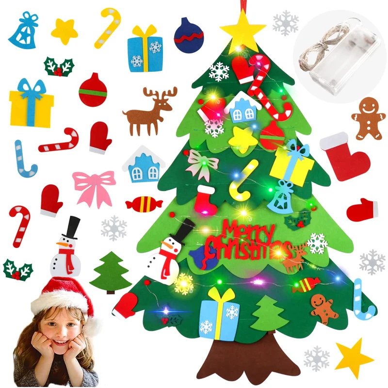 Felt Christmas Tree DIY Kids Toys For Children Ornaments Wall Decoration Crafts With Light Children Christmas Hanging Decor Home