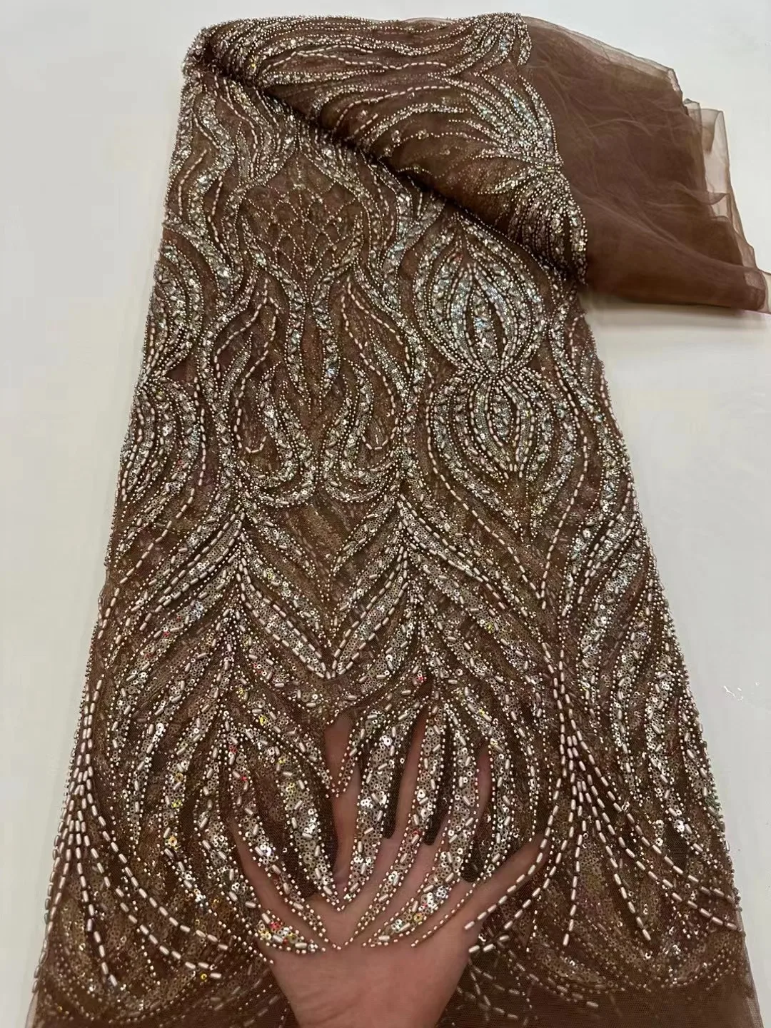 

Brown Luxurious African Sequins Beaded Groom Tulle Lace Fabric, French Embroidery Beads Party Dress Sewing, High Quality, 2023