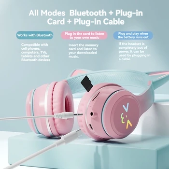Flash Light Pink Cute Cat Ear Headphones Wireless Bluetooth Earphone Over-ear Noise Cancelling Folding Headset Girl Gift Earbuds - Image 5