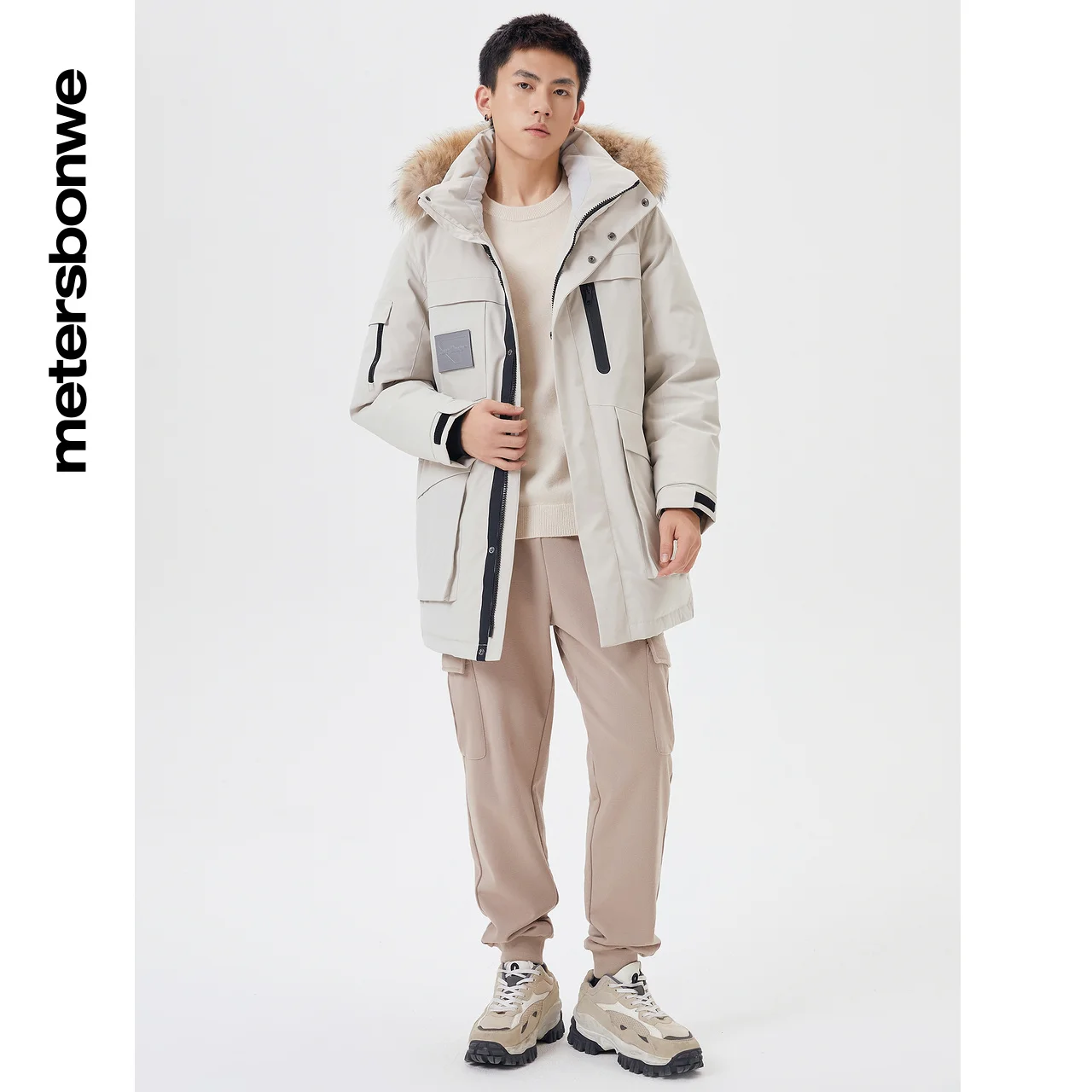 Metersbonwe Long Down Jacket Winter Men Fur Collar Hooded Thick Winter Down Coat Fashion Overcoat Pocket  Red Outerwear Warm