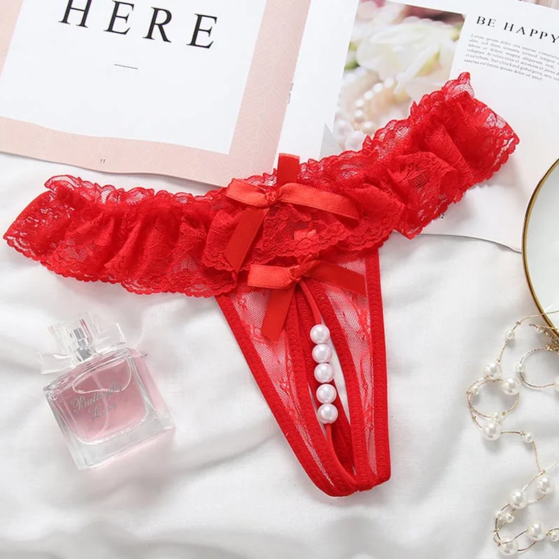 Women's Underwear Opening Crotch Pearls Thongs G-String transparent sexy panties female lace low-waist Crotchless briefs
