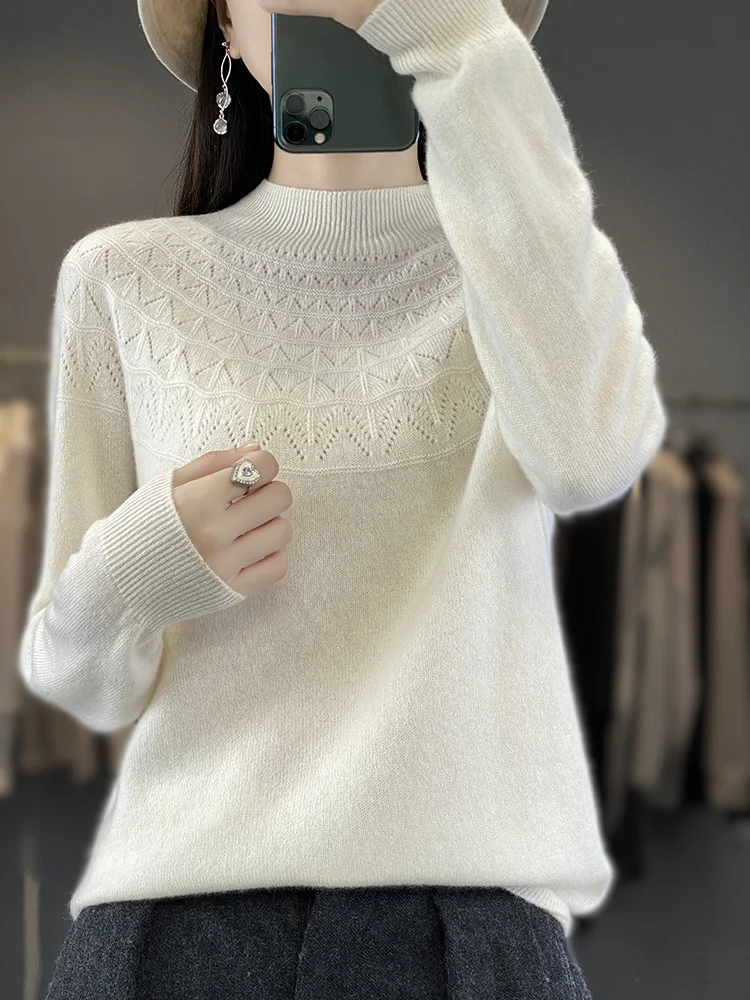 

Свитер с воротником-стойкой для женщин, вязаный пуловер из 100% чистой шерсти, простой базовый топ для весны и осени