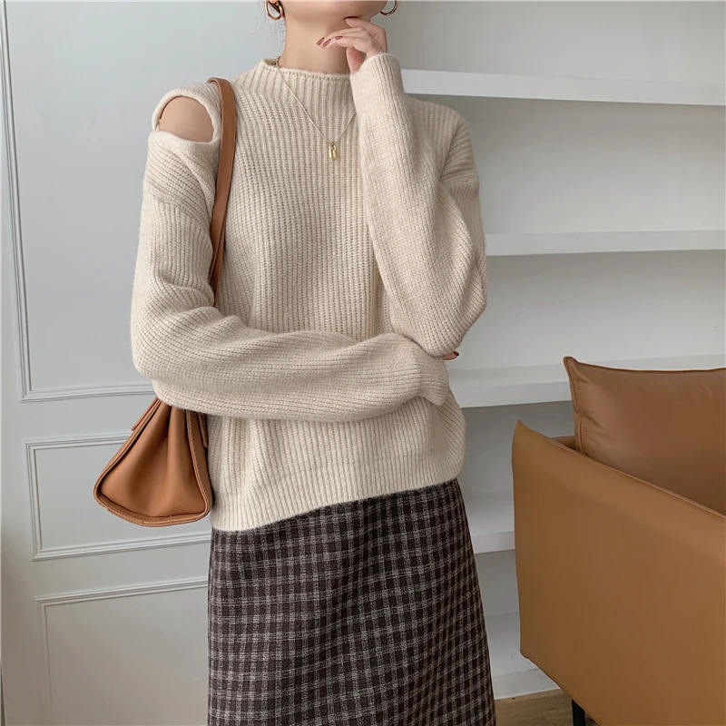 HziriP Off Shoulders Sexy Hole Women Sweaters Pullover Outwear New Chic Jumpers All Match Streetwear Loose Stylish Femme Knitted brown cardigan