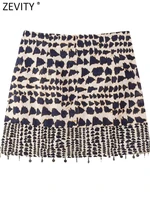 Zevity Women Vintage Geometric Print Knotted Mini Sarong Skirt Faldas Mujer Female Beading Tassel Casual Zipper Vestidos QUN4078 - Image 2