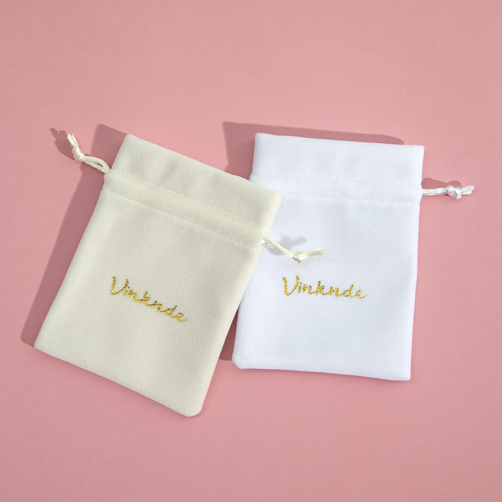 Weiße Samt-Schmuckverpackung mit Kordelzug, individuelles, schickes, kleines Staub-Schmuckpaket für Weihnachten, Hochzeit, Party, Geschenktüten – Detail 3