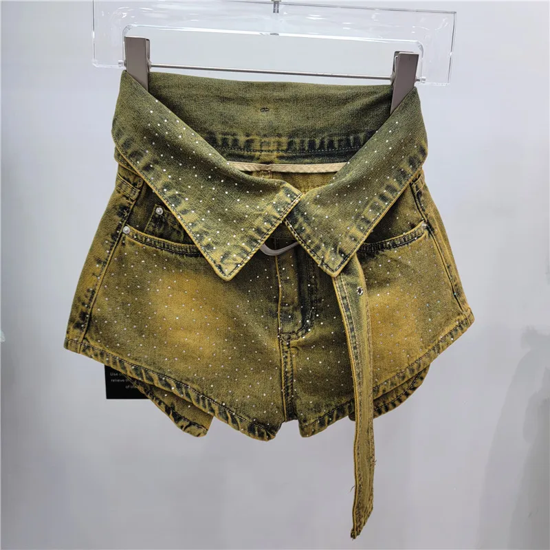 Flanging Irregular Hot Drilling Denim Shorts Women 2024 Spring and Summer Clothing Wide Leg A- Line High Waist Denim Shorts