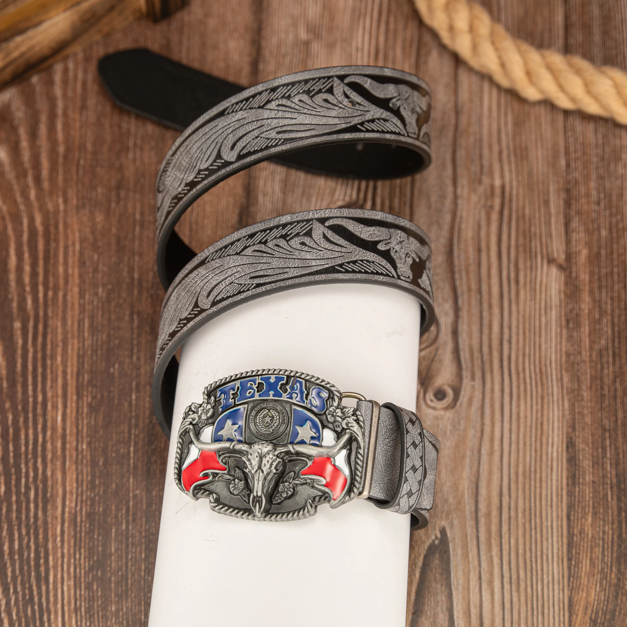 Vibrant Texas Bull Head Embossed Belt with Colorful Buckle Design