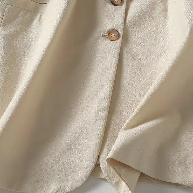 Maxdutti French Simple Ladies Single Blazers Women Breasted Vest Fashion Beige Color Sleeveless  Tops