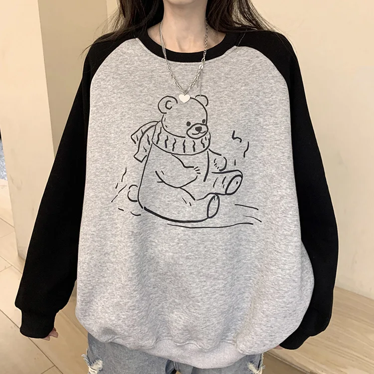 

Hsa женский 2023 осень/зима корейский принт маленький медведь контрастный Свободный рукав реглан длинный рукав топ с бархатной и утолщенной