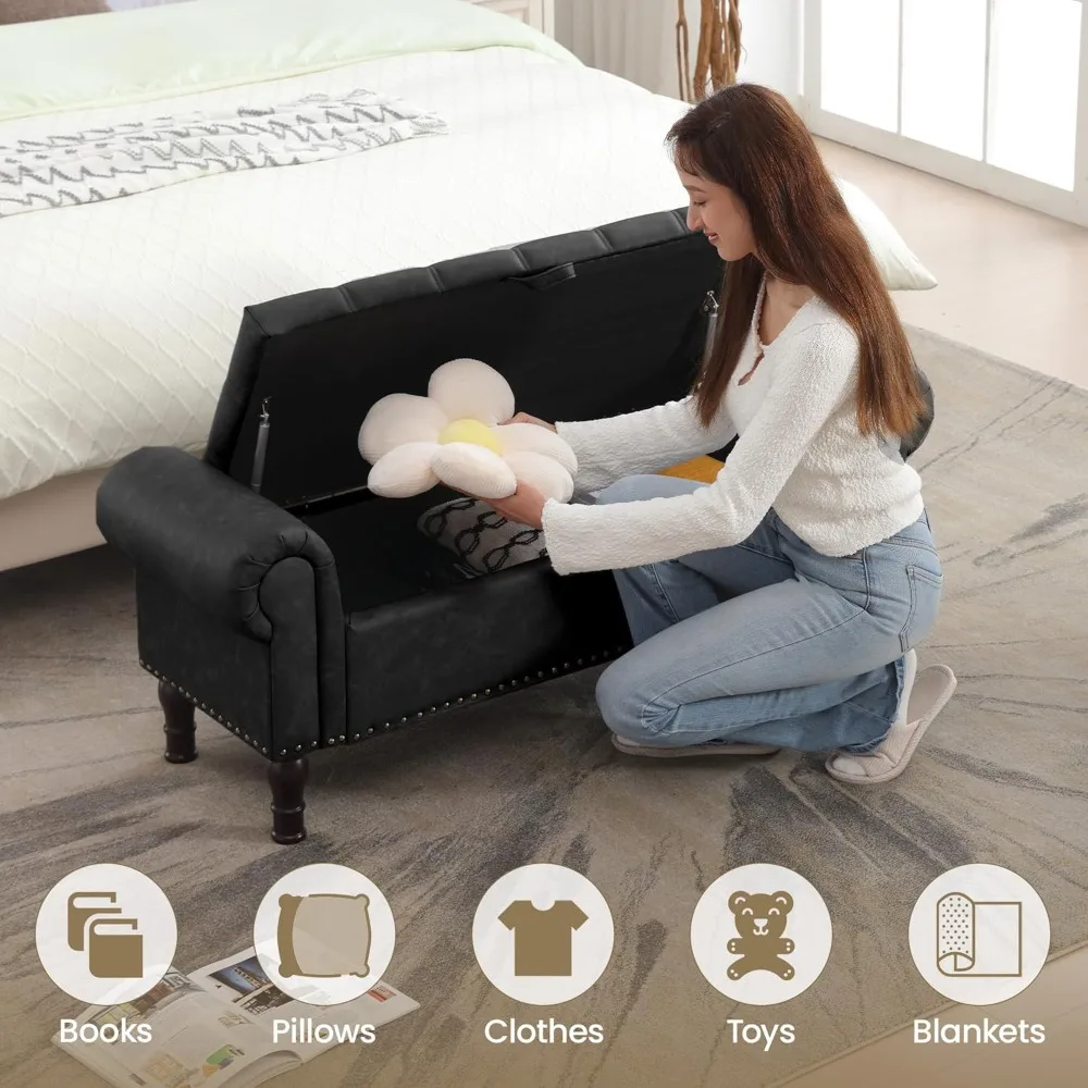 storage ottoman bench for bedroom, 51" upholstered bedroom bench with rolled arms and vintage rivets, large storage chest for li