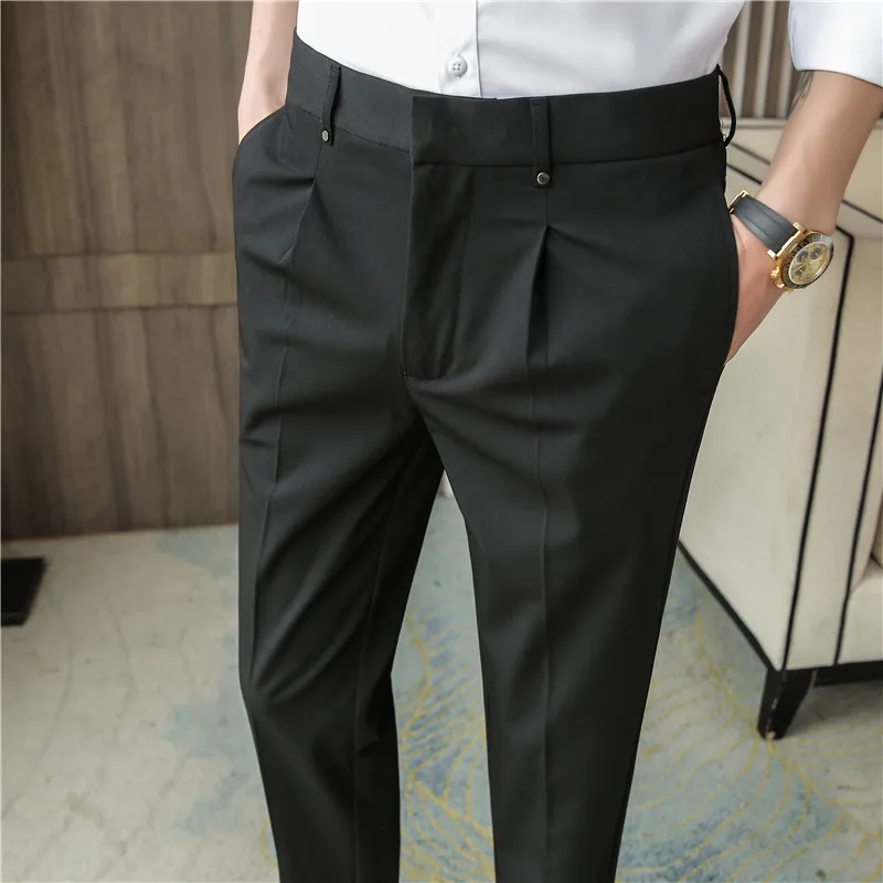 High Quality Elasticity Suit Pants Men Formal Business Office Social Dress  Pants Slim Fit Casual Wedding Ankle Trousers Pantalon