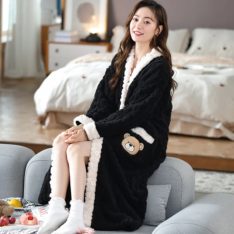 Kimono Cute Winter Warm Robes For Women Flannce Kawaii Sleepwear Fashion Sexy Nightwear Plus Size Long Bathrobe Girl Home servic
