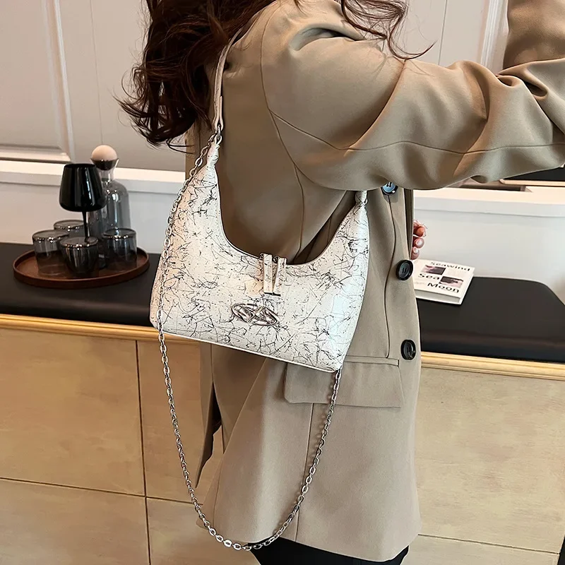 2024 New Trendy Fashion Chain Crossbody Bag Versatile Commuting Crescent Bag  Niche Ink Splashing Underarm Bag for Women's