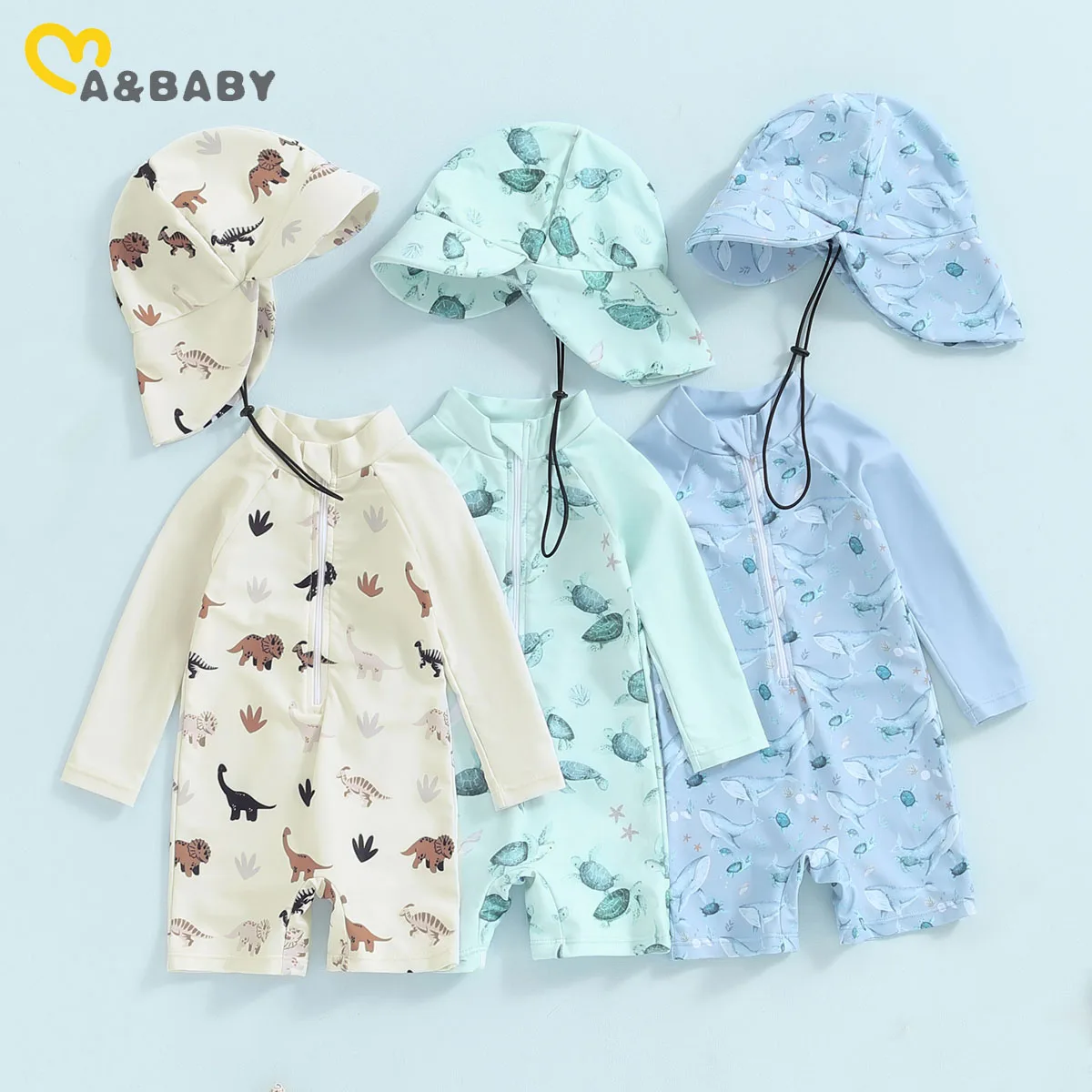 ma&baby 0-3Y Toddler Infant Newborn Baby Boy Swimwear Dinosaur Print Long Sleeve Swimsuit Sun Hat Beachwear Bathing Suit Outfit 1