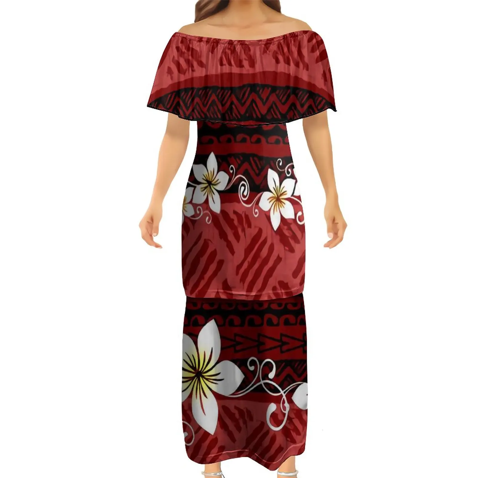 

Long Ethnic Bodycon Dresses Samoan Off Shoulder Ruffle Half Sleeve Puletasi Polynesian Traditional Tribal Dress Couples Dress