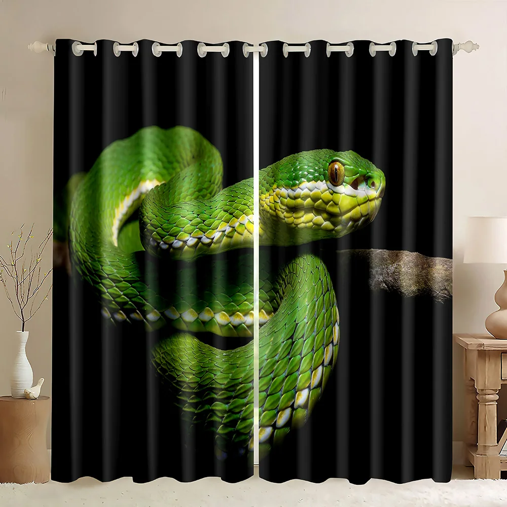 

Window Curtains 3D Green Green Snake Hanging from Tree Black Background,Wildlife Decor Curtains Wild Animal Blackout Curtains