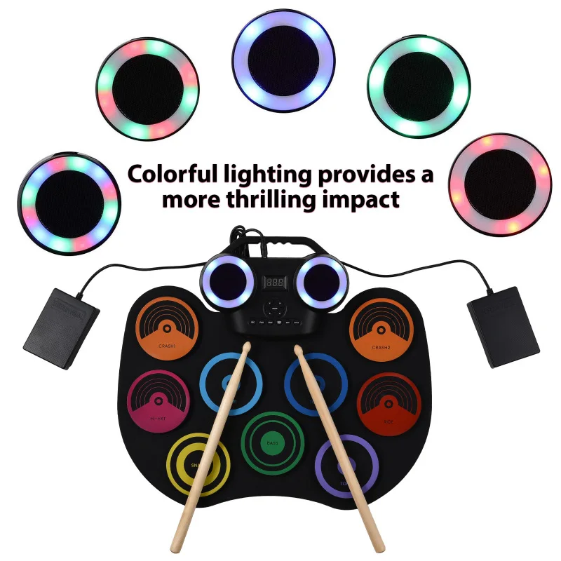Portable Electronic Drum Hand-rolled Silicone Drum Set Built-in Speaker LED Display Monitorable with Foot Pedal USB or Battery portable drum pad,virtual drum kit