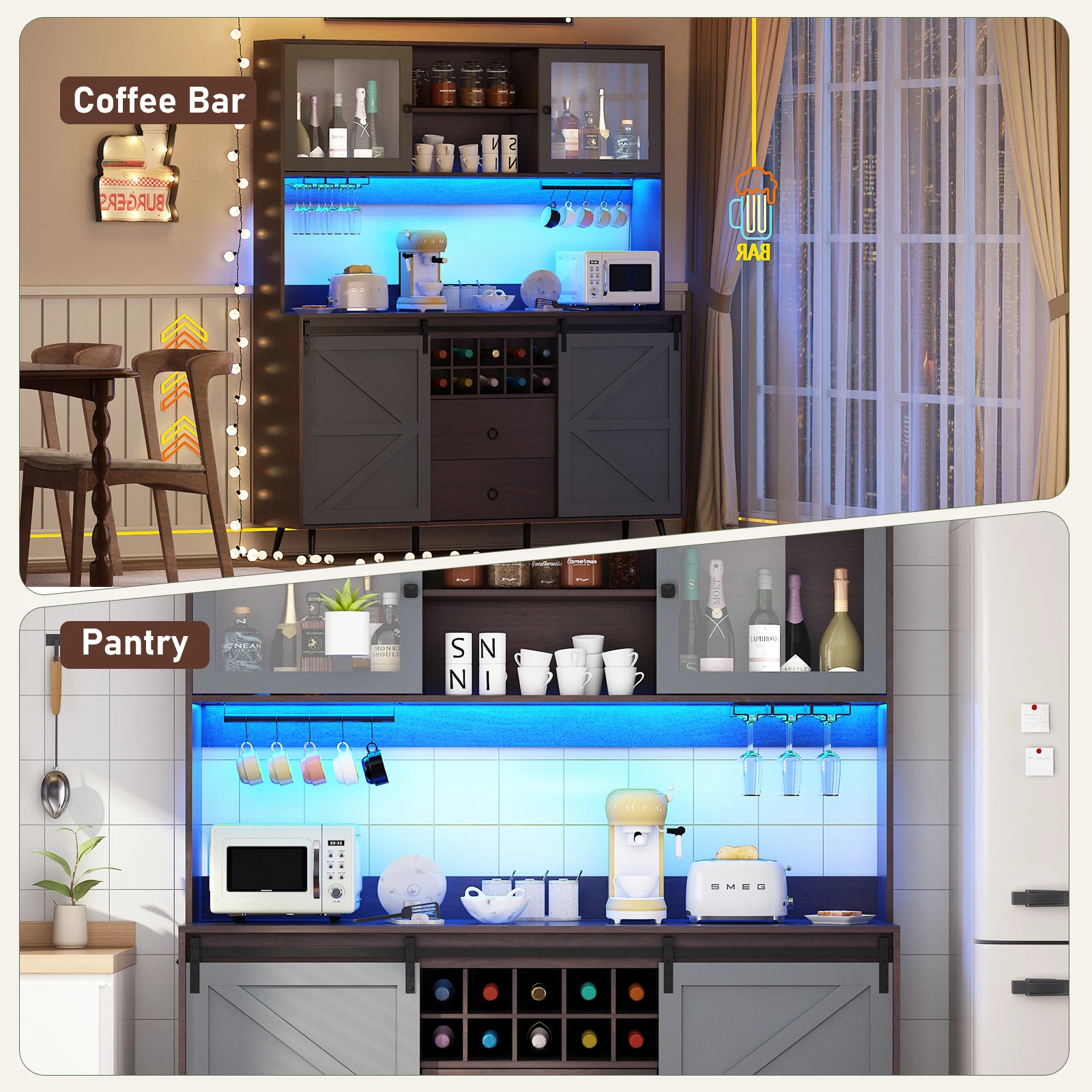 75" Tall Large Buffets Sideboards with Sliding Barn Doors & Drawers, Farmhouse Led Coffee Bar Cabinet Table w/Wine Glasses Rack