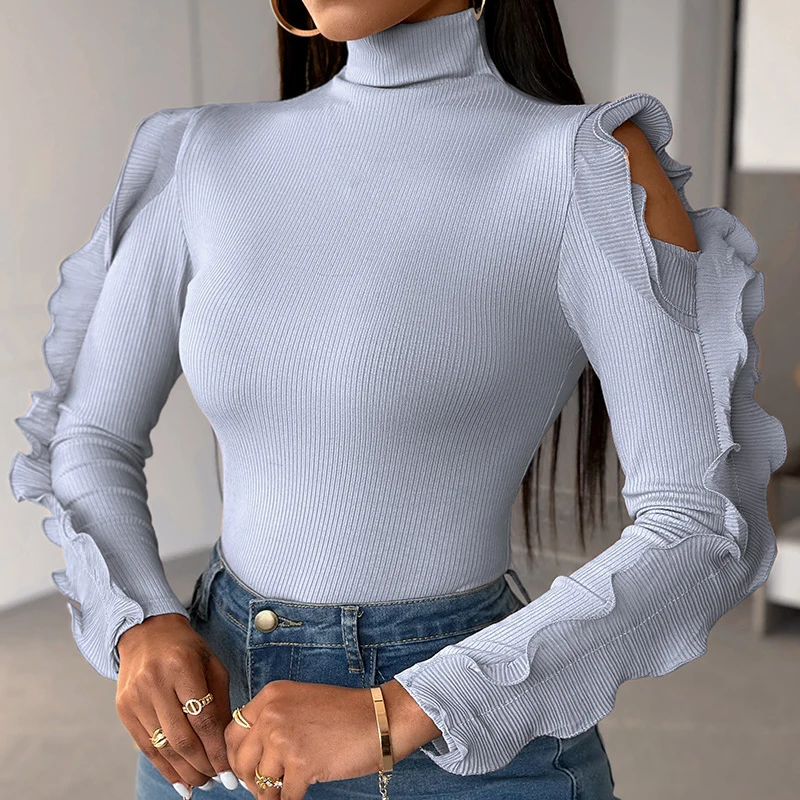 

2024 New Spring Office Tight Shirt Elegant Turtleneck Pit Stripe Slim Pullover Sexy Hollow Out Long Sleeved Ruffled Top Blouses