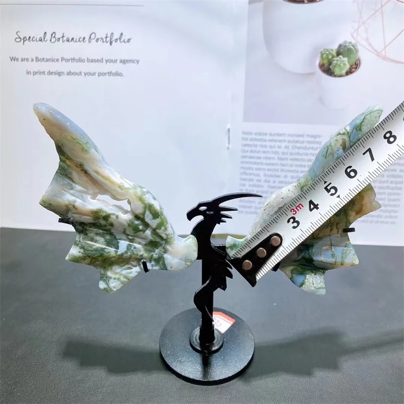 Natural Moss Agate Crystal Dragon Wings Carving Hand Polished Reiki Healing Gift Room Office Fengshui Decoration
