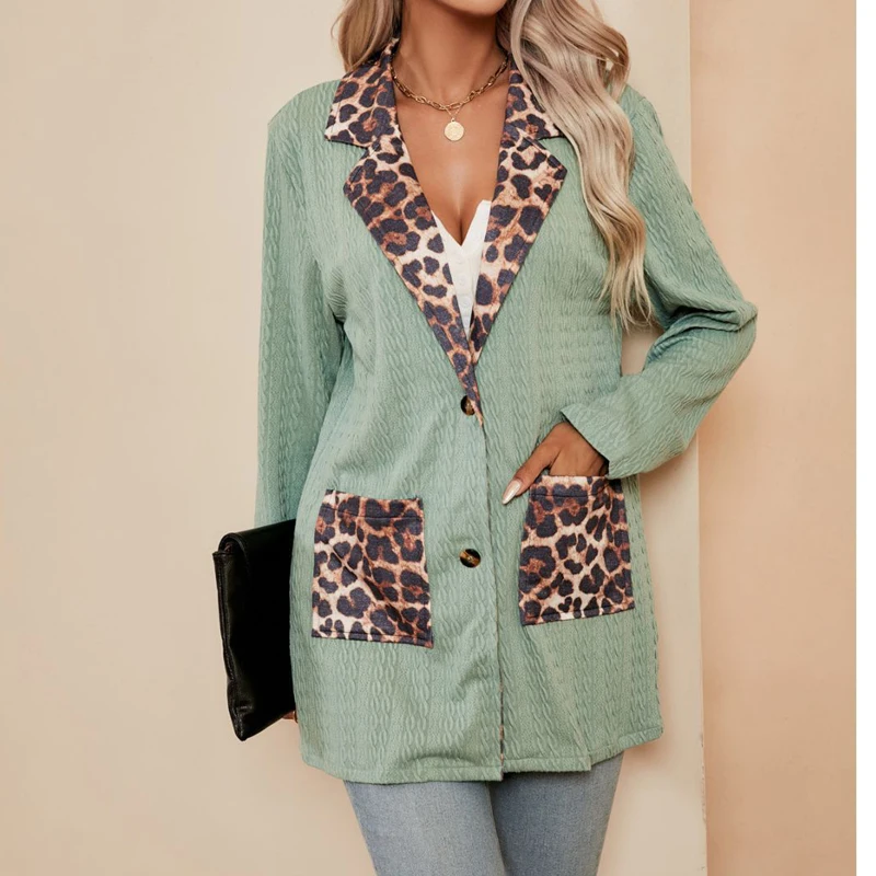 Women's Vintage Leopard Print Patchwork Casual Notched Blazers Autumn Fashion Ladies Long Sleeve Loose Suit Coat Ropa Para Mujer