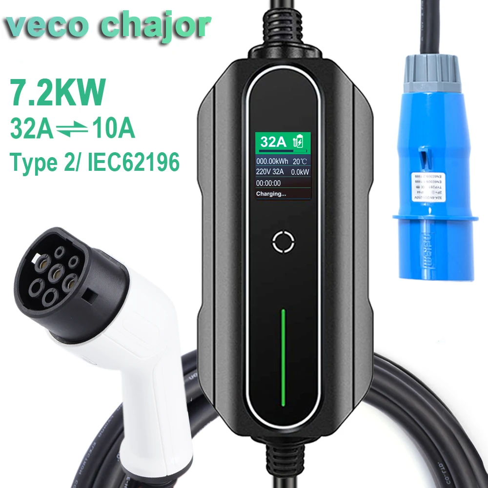 32A Electric Car EV Charger Type 2 7KW 1 Phase CEE IEC 62196-2 Mennekes Home Portable Charging Station 5M Cable for Vehicles