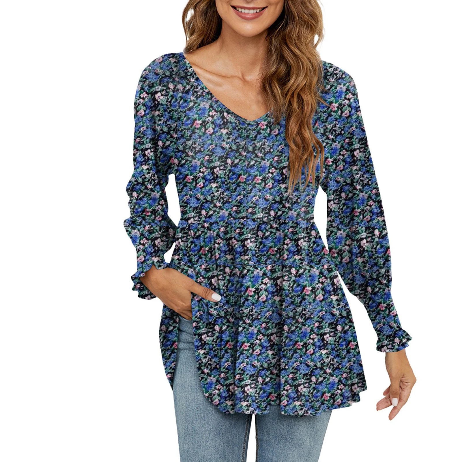 

Women Travel Pullover Floral Print Tunic Top V Neck Soft Polyester Beach Puff Long Sleeve Casual Holiday Fashion Daily