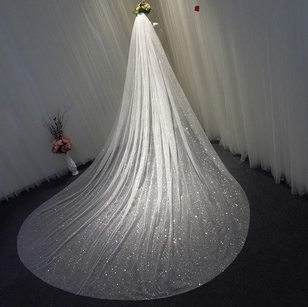 Bling Bling Bridal Veils Sparkly White Champagne Long Cathedral Glitters Wedding Veil With Comb 1 Tier velo de novia 350cm bridal veil