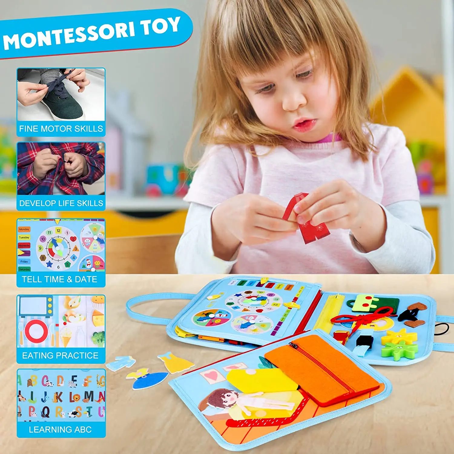 Busy Board Juguetes Montessori 1 2 3 4 5 6 Años Regalo Juegos Educativos  Niños Tablero Montessori Libro Sensorial Fieltro Bebe Juegos Viaje Libro  Ocupado Montessori Aprende a Vestir Educación Temprana