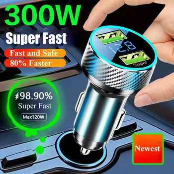 2 in 1 USB Car Charger Adapter 300W Super Fast Charge with Voltage Monitor for iPhone Samsung iPad Huawei Oneplus OPPO VIVO