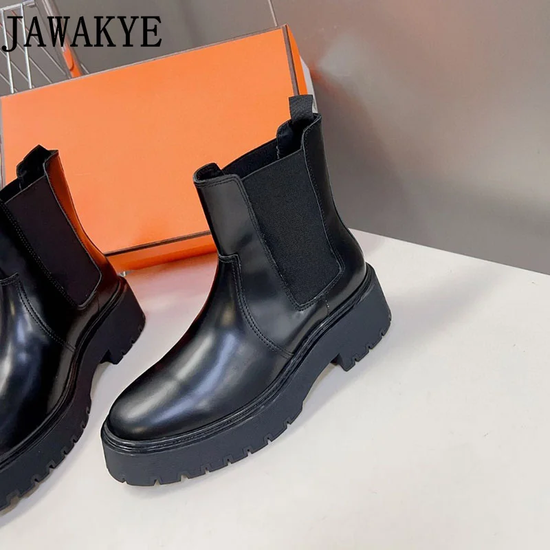 

Genuine Leather Elastic Chelsea Boots Height Increasing Flat Platform Wedge Boots Western Brand Winter Shoes Women Botas Mujer