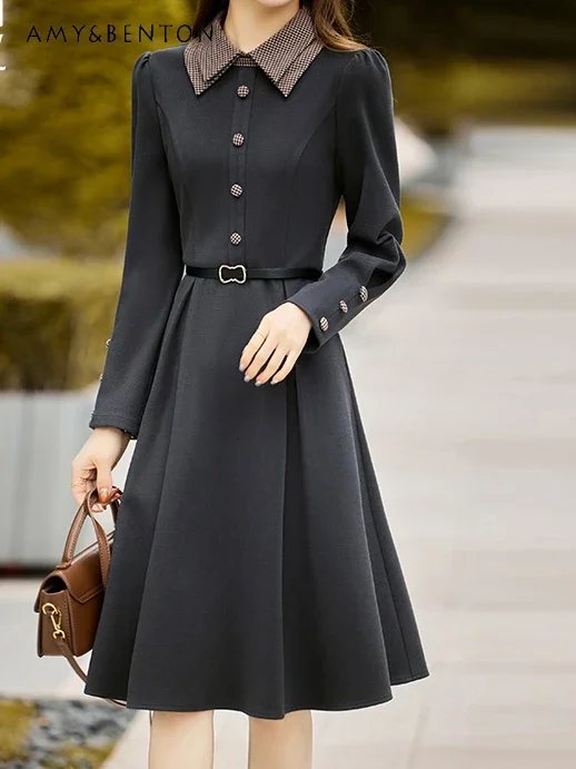 

French Elegant Retro Polo Collar Dress Women Autumn Graceful High Sense Belt Slim Long Sleeve Midi Dresses OL Fashion Clothes