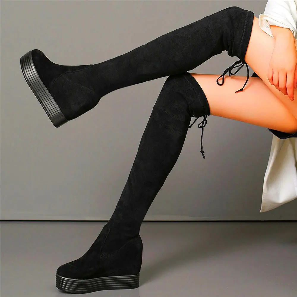 

Sexy Fashion Women Suede Leather Thigh High Boots Over the Knee Platform Wedge High Heels Stretchy Round Toe Party Pumps Oxfords