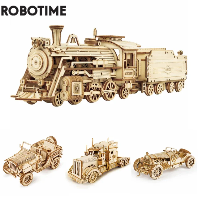 Robotime Rokr 3D Puzzle Movable Steam Train,Car,Jeep Assembly Toy Gift for Children Adult Wooden Model Building Block Kits 1