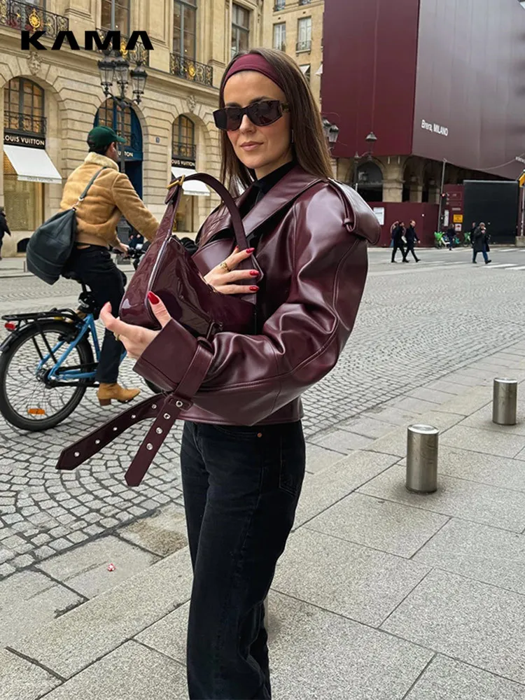 Women Fashion Solid Zipper Short Leather Coat With Belt Causal Turndown Collar Long Sleeves Jackets Female Chic Street Outwears