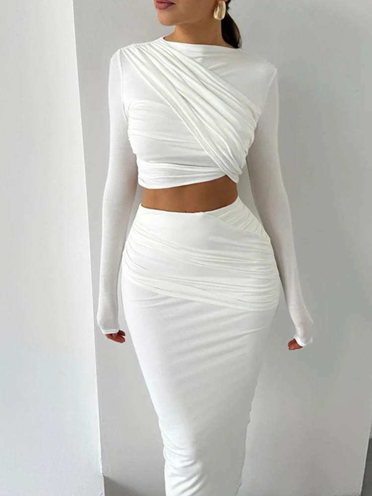 XIZOU Pleated Two 2 Piece Sets Womens Outfits Round Neck Irregular Tank Tops and Long Casual Skirt Female Party Matching Set