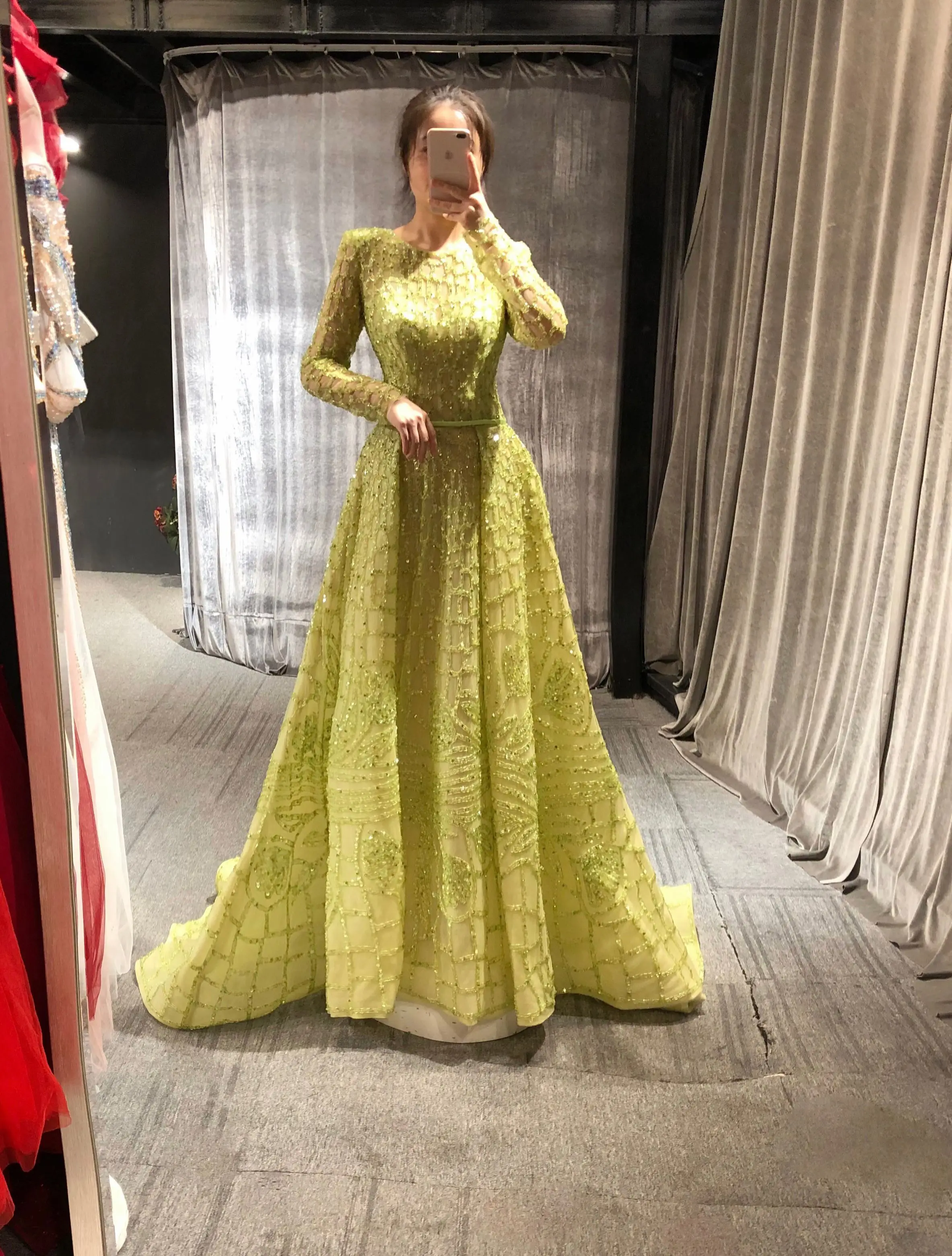 

Real Pictures Elie Saab Green Color Full Sleeves Exquisite Beading High Quality Floor Length Custom Made Evening Dress New 2023