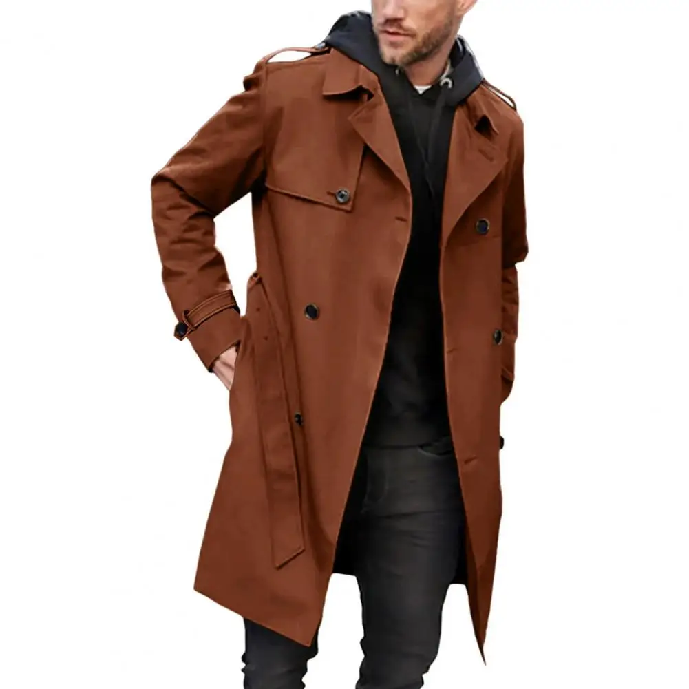 Men Autumn Winter Solid Color Windbreaker Lapel Long Sleeve Double-breasted Pockets Belt Slim Fit Long Coat Outwear