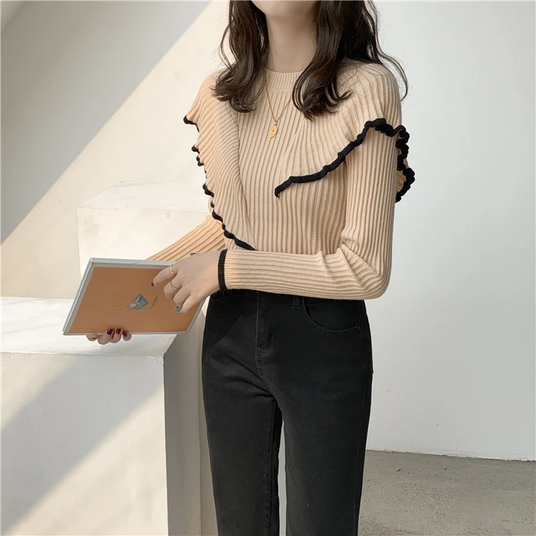 turtleneck sweater HziriP OL Basic Bottoming Knit Sweater 2021 New Korean Style Flounced Stitching Pullover Sweaters Slim Warm Thick Knitted Tops pink sweater Sweaters