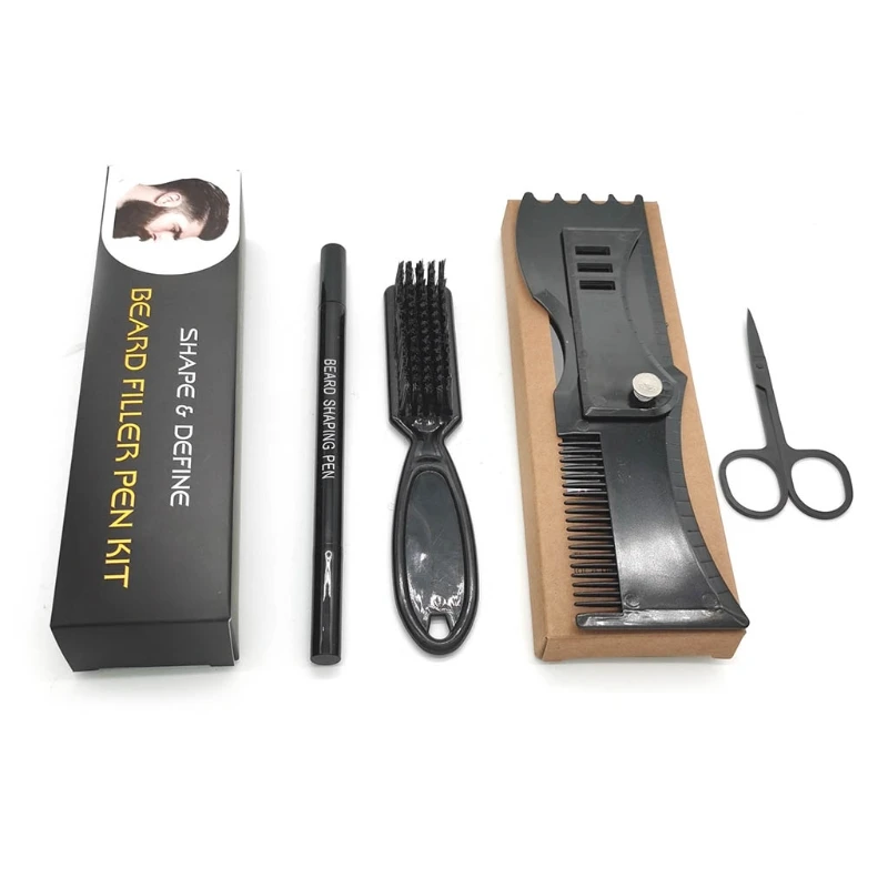 

4 Fork Tips Beard Shaper Shaping Pen Filler Styling Brush Scissors Set for Men