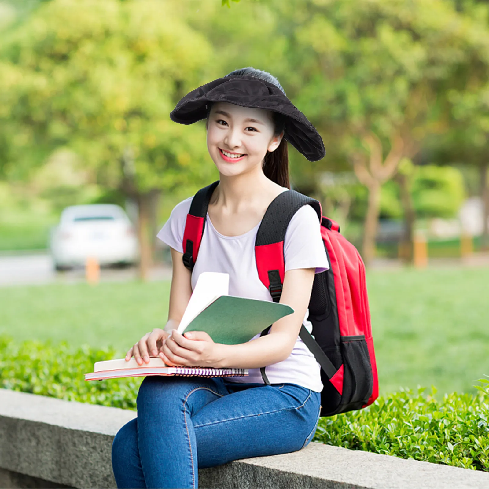 큰 챙 태양 모자 캐주얼 여름 야외 보호 자외선 차단제 솔리드 컬러 와이드 챙 ..