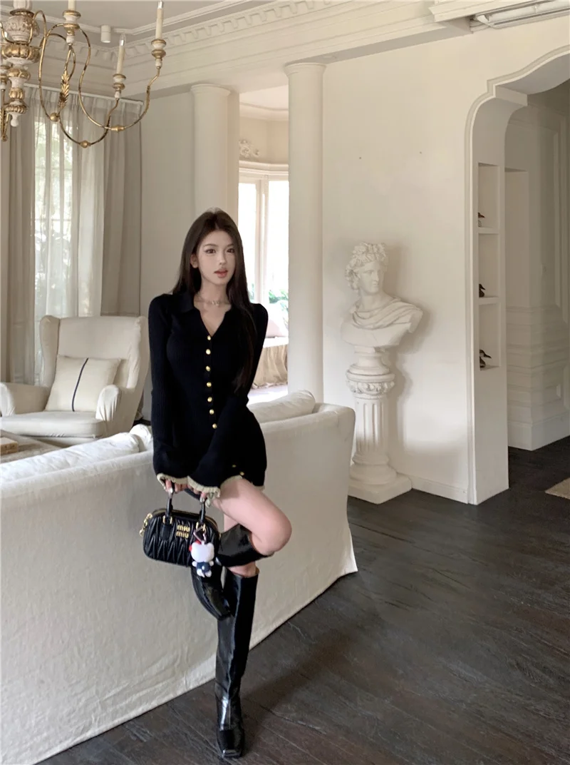 Elegant Knitted Mini Dresses for Women V-neck Flare Sleeve Bodycon Slim Party Dress Korean Fashion New Short Vestidos Mujer