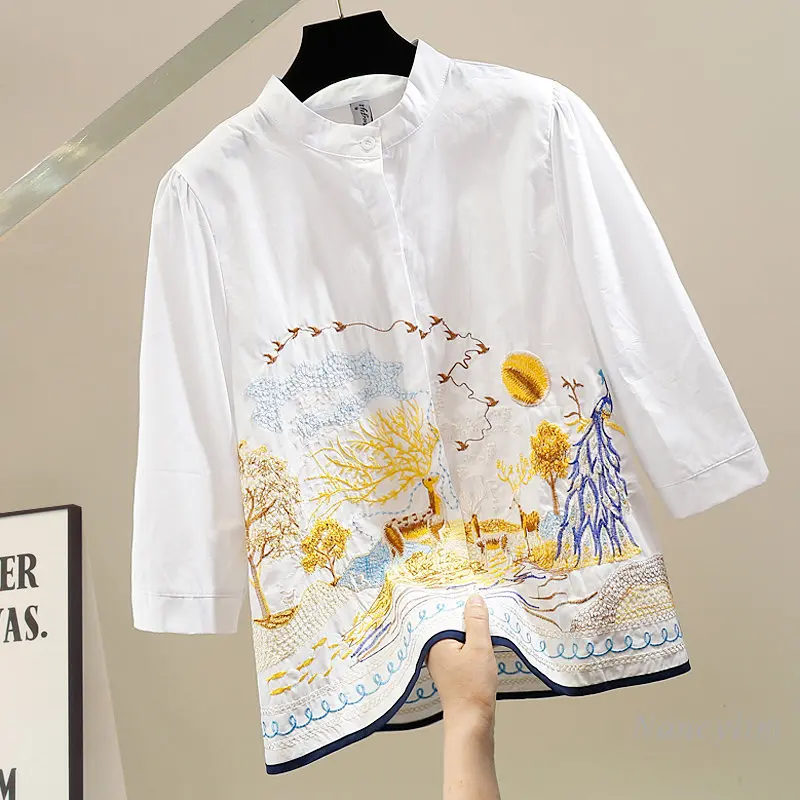 

Heavy Industry Embroidery Single-Breasted Three-Quarter Sleeve Cotton Shirt Women Fashion Loose Tops 2023 Spring Summer Blusas