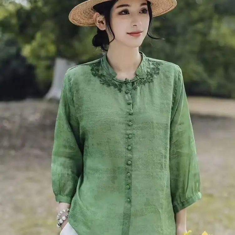 Elegant Harajuku Slim Fit Female Loose Casual All Match Tops Women embroidery Button Three Quarter Sleeve Blouses